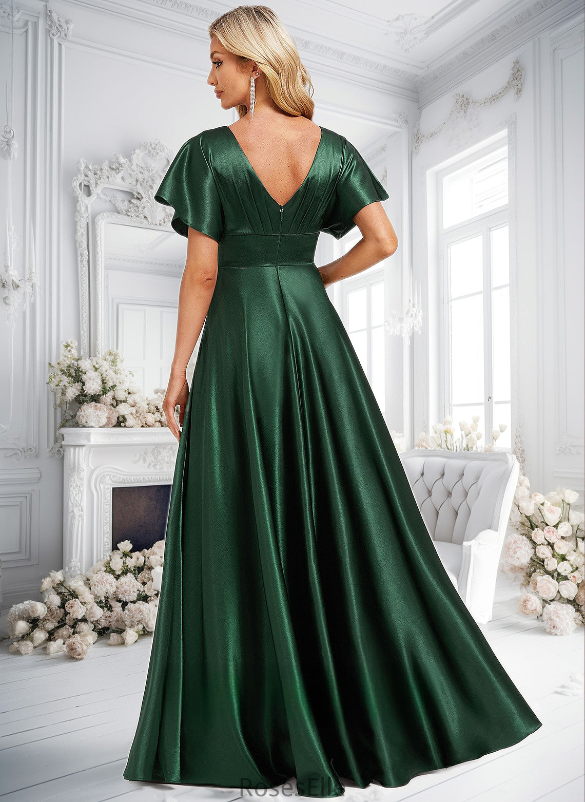 Izabella A-line V-Neck Floor-Length Stretch Satin Bridesmaid Dress HJP0025782