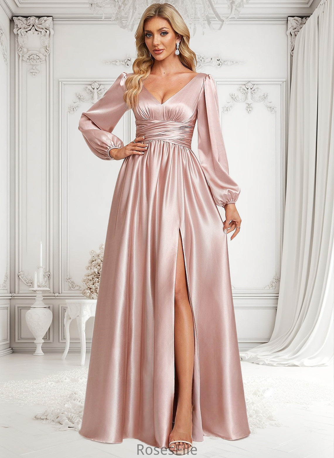 Tania A-line V-Neck Floor-Length Stretch Satin Prom Dresses HJP0025880