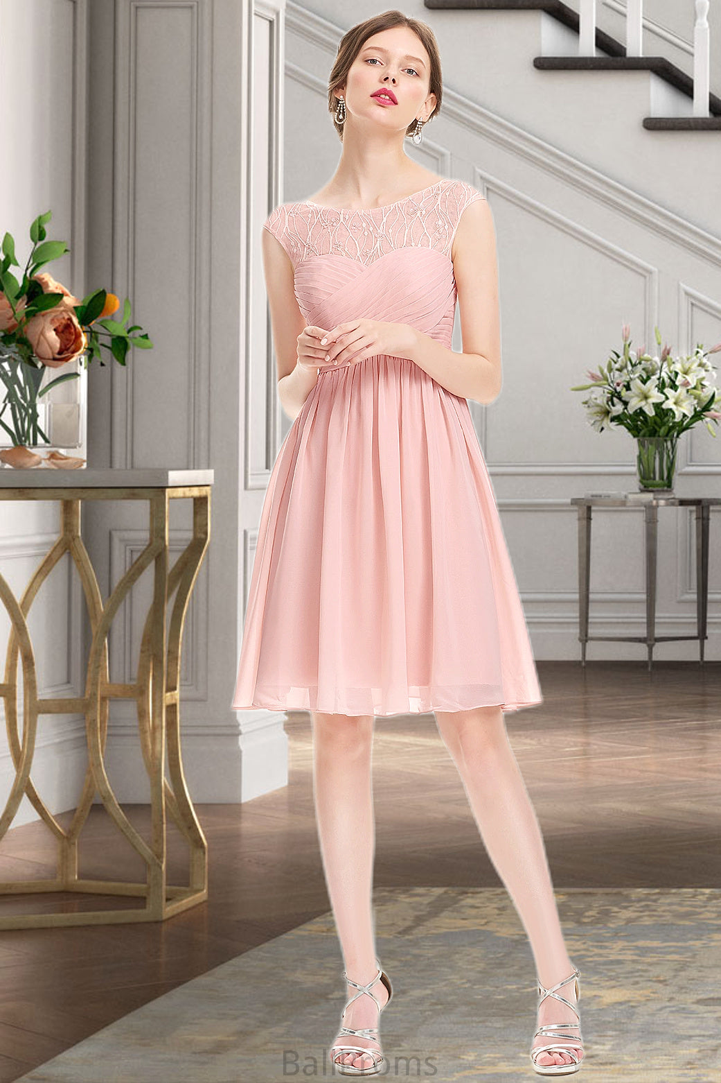 Stella A-line Scoop Knee-Length Chiffon Tulle Homecoming Dress With Beading Ruffle HJP0020594