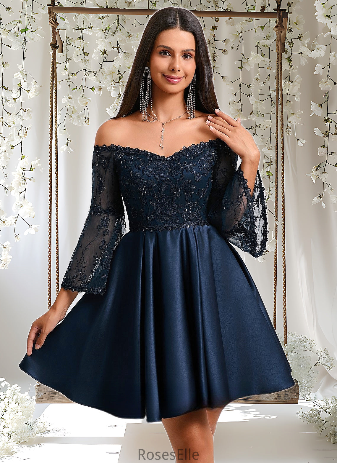 Ashleigh A-line Off the Shoulder Short Satin Homecoming Dress With Sequins HJP0025651