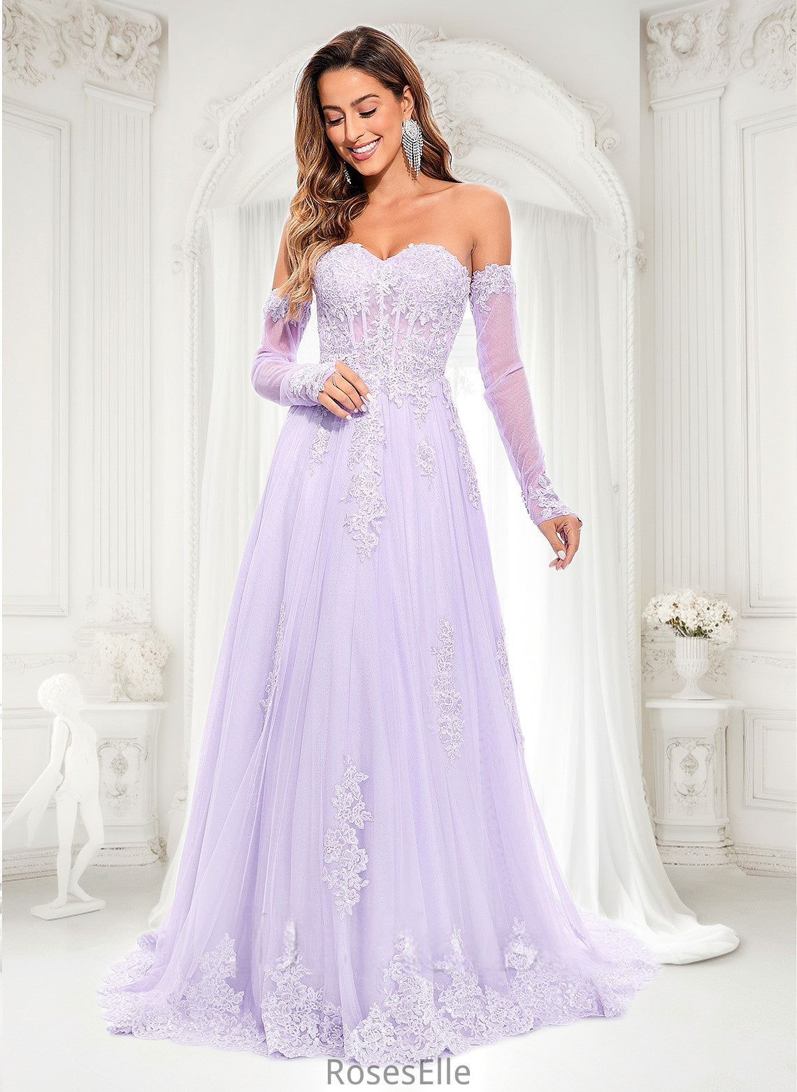 Brooke A-line Sweetheart Sweep Train Tulle Prom Dresses With Sequins Appliques Lace HJP0025856