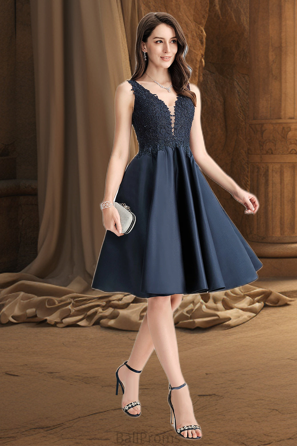 Skylar A-line V-Neck Knee-Length Lace Satin Homecoming Dress With Beading HJP0020517