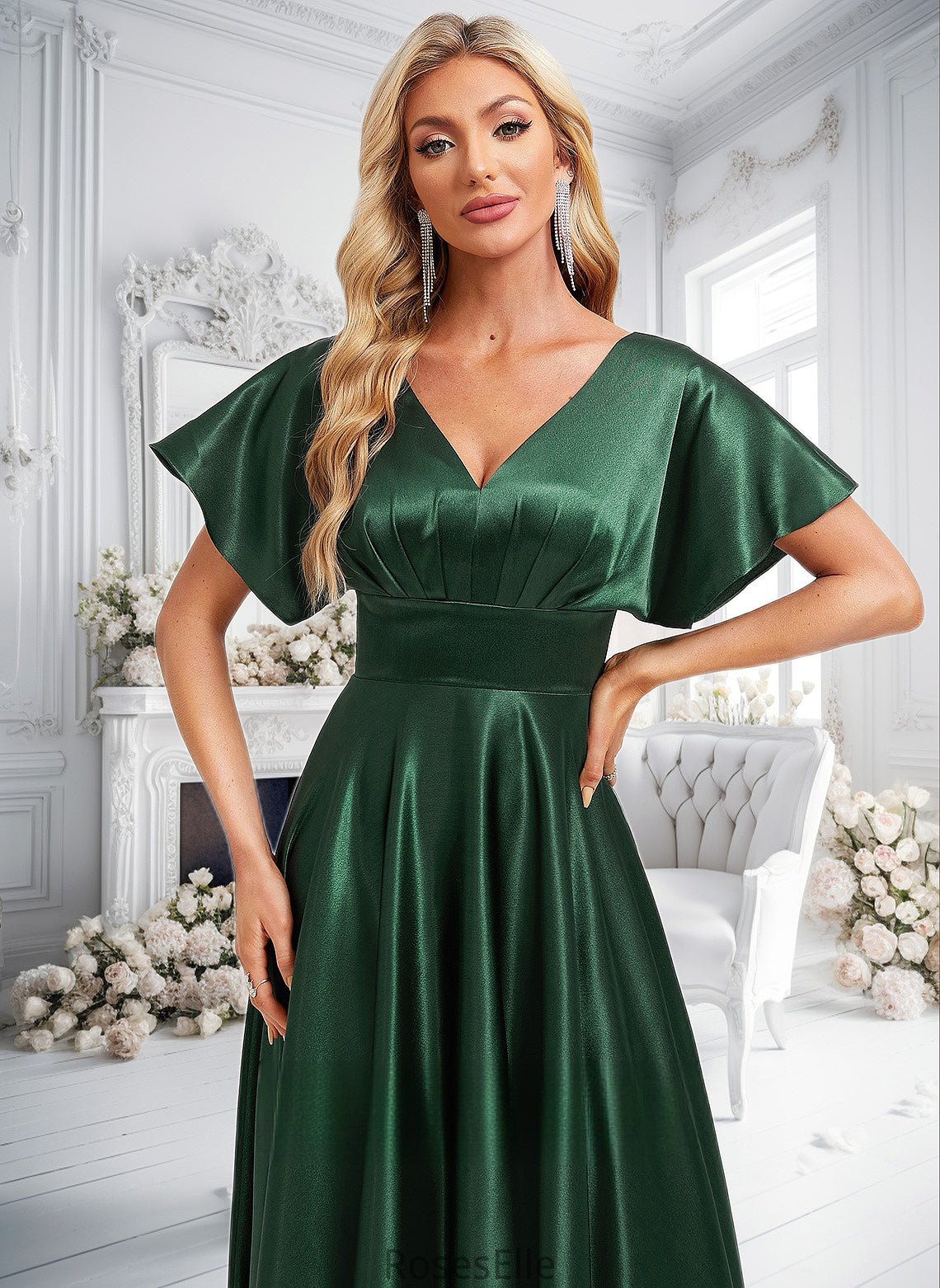 Izabella A-line V-Neck Floor-Length Stretch Satin Bridesmaid Dress HJP0025782