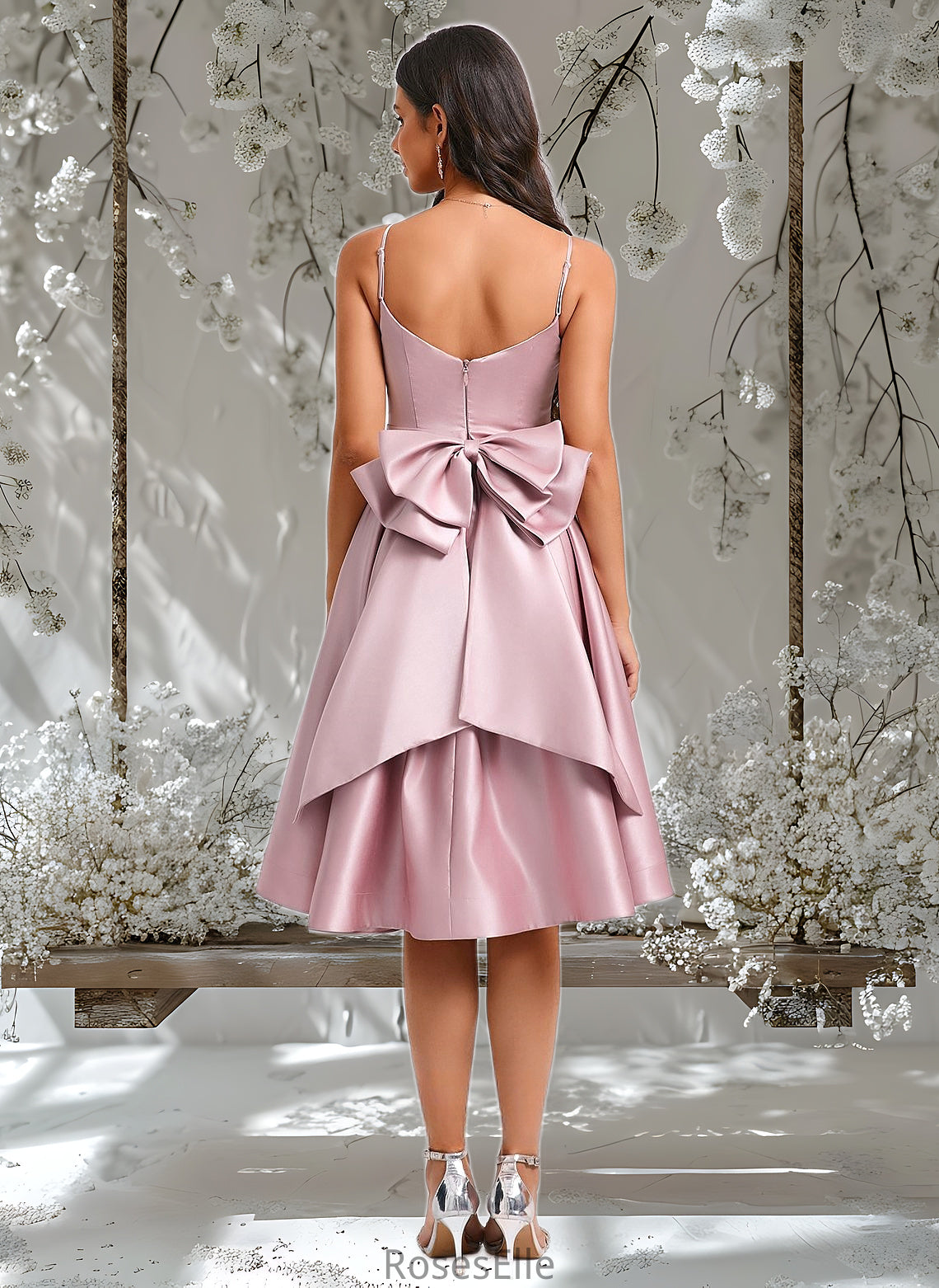 Asia A-line V-Neck Asymmetrical Satin Homecoming Dress With Bow Pleated HJP0025699