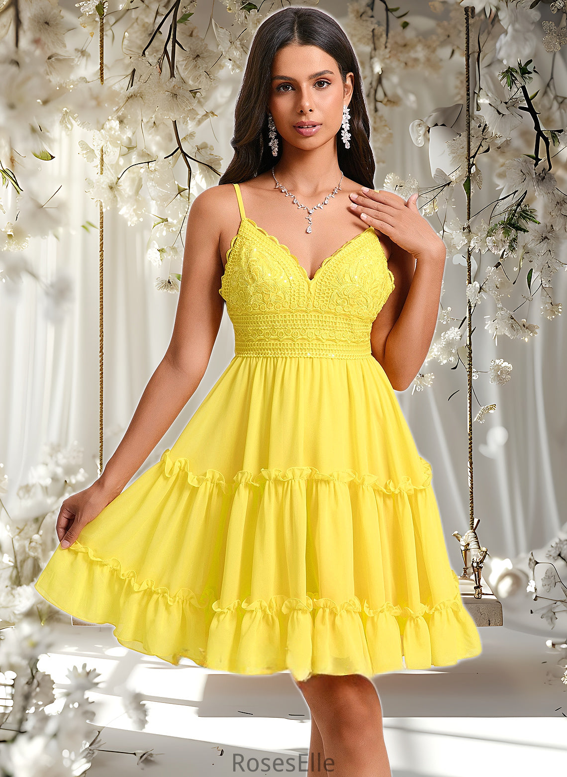 Makayla A-line V-Neck Short Chiffon Homecoming Dress With Ruffle Sequins HJP0025700