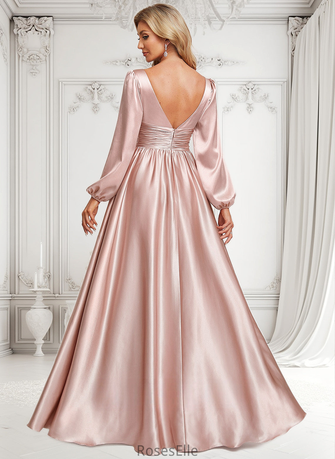 Tania A-line V-Neck Floor-Length Stretch Satin Prom Dresses HJP0025880