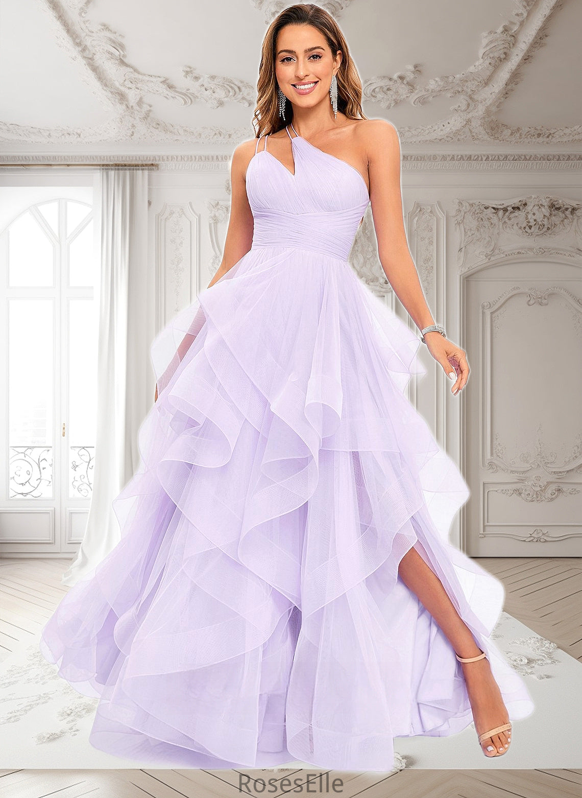 Nayeli Ball-Gown/Princess Asymmetrical One Shoulder Floor-Length Tulle Prom Dresses HJP0025867