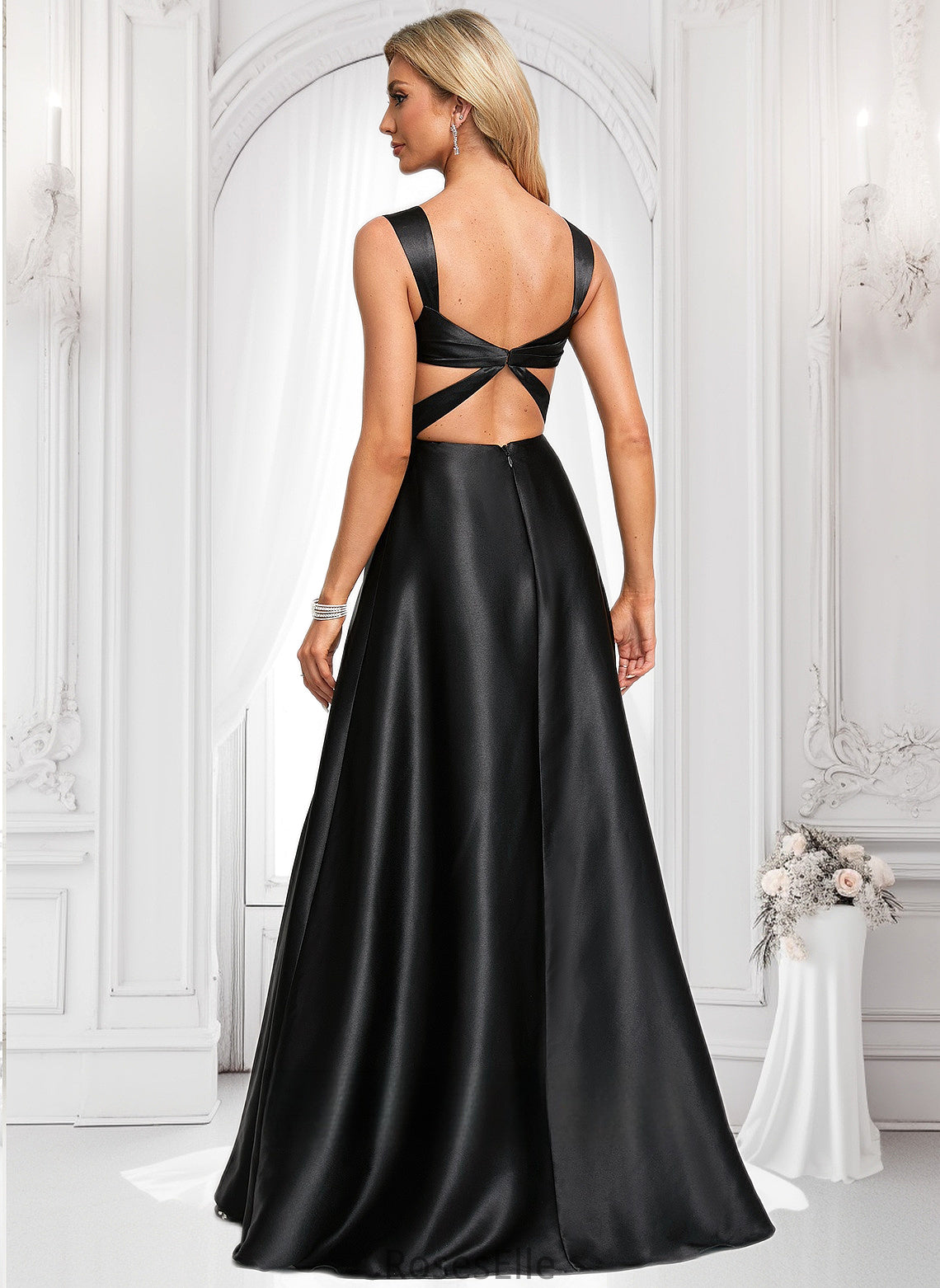 Nydia A-line V-Neck Floor-Length Stretch Satin Prom Dresses With Bow HJP0025882