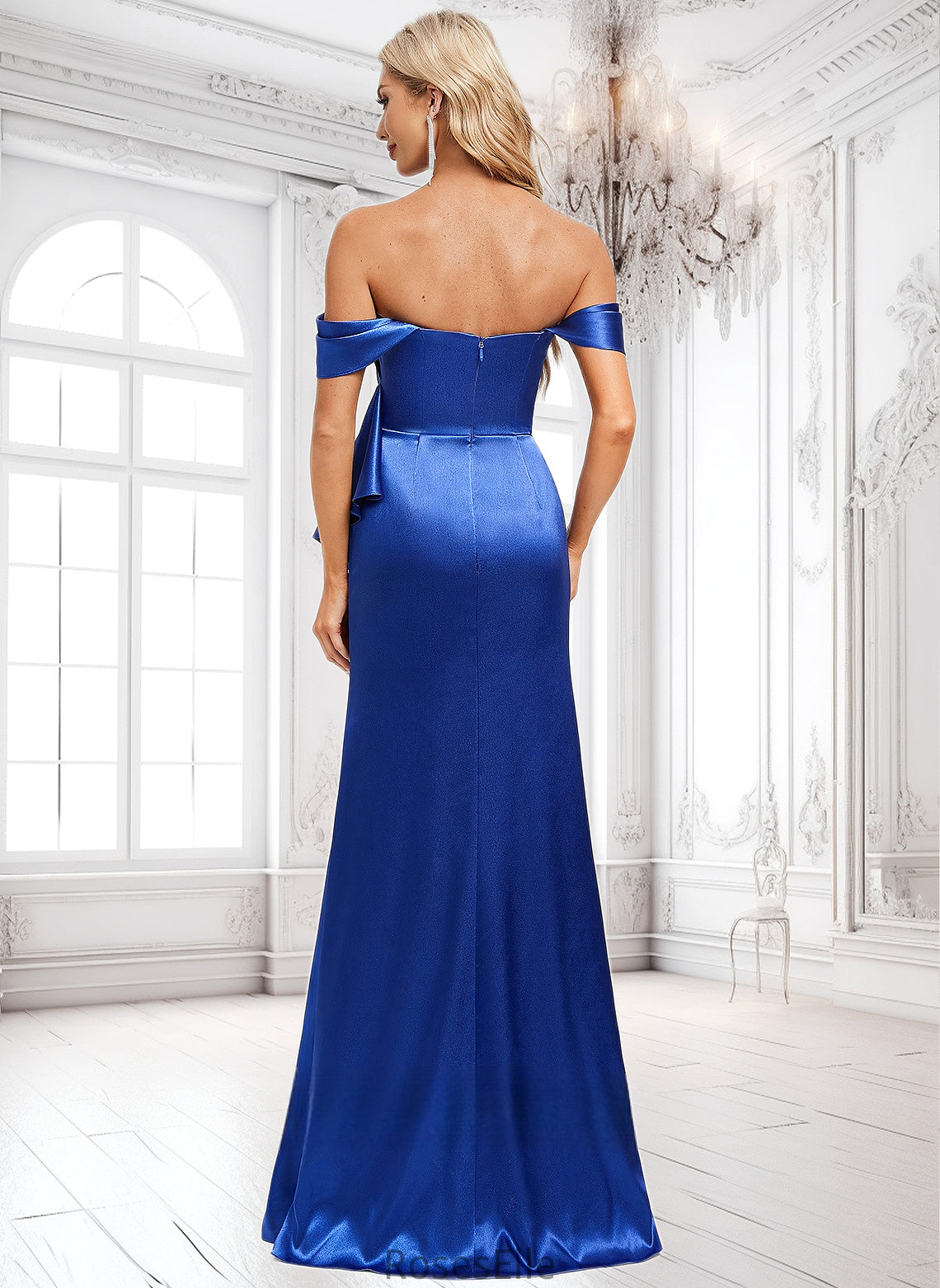 Susan Trumpet/Mermaid Off the Shoulder Floor-Length Stretch Satin Bridesmaid Dress With Ruffle HJP0025800