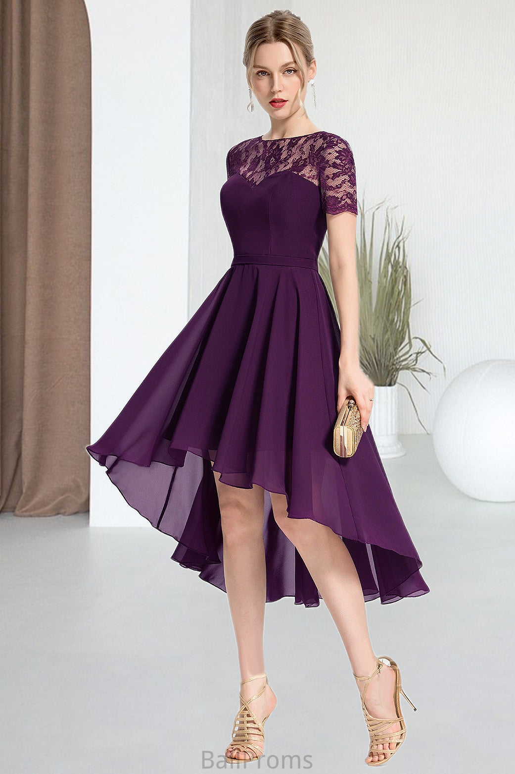 Macy A-line Scoop Asymmetrical Chiffon Lace Homecoming Dress HJP0020587