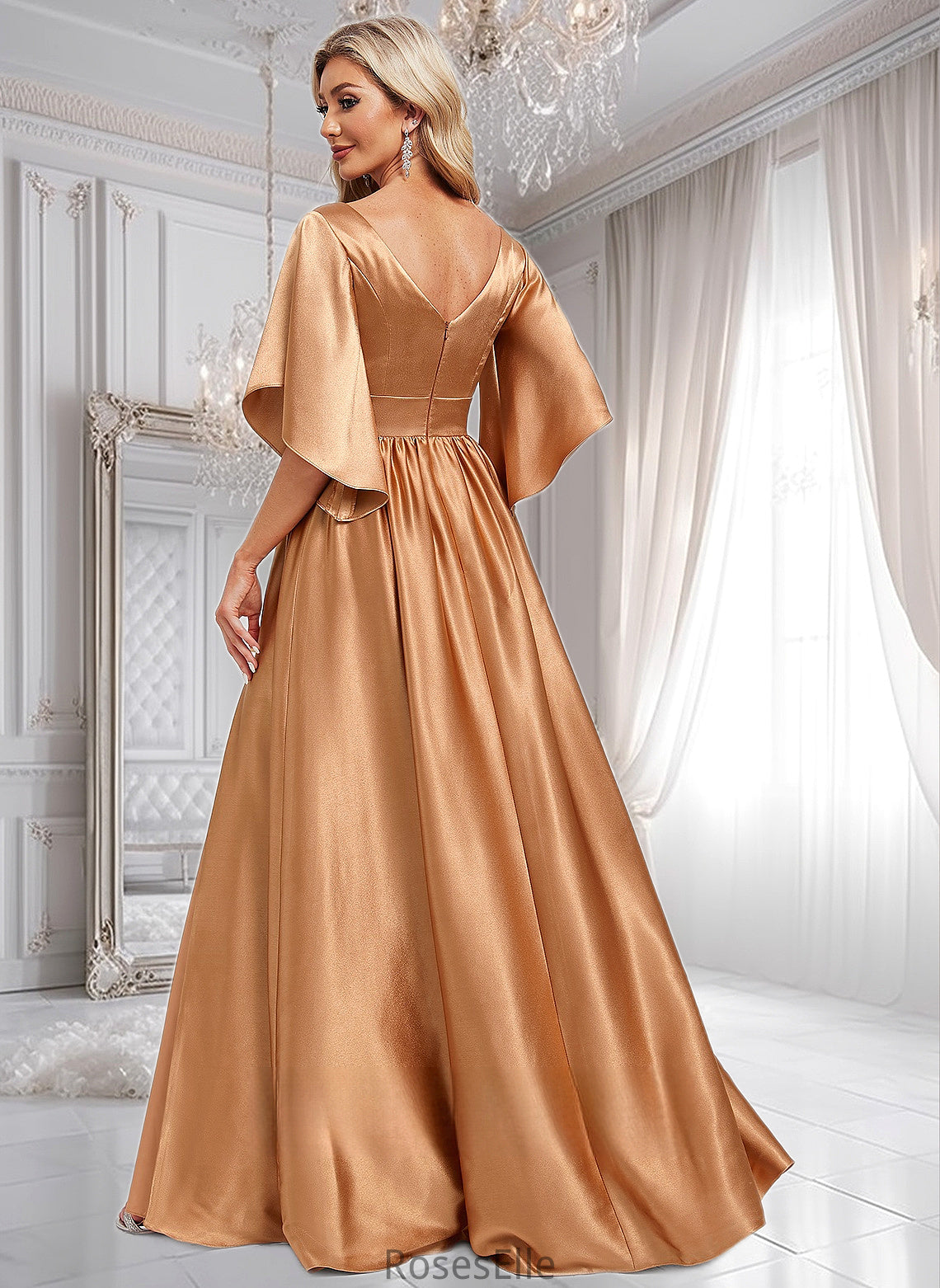 Abbigail A-line V-Neck Floor-Length Stretch Satin Bridesmaid Dress HJP0025793