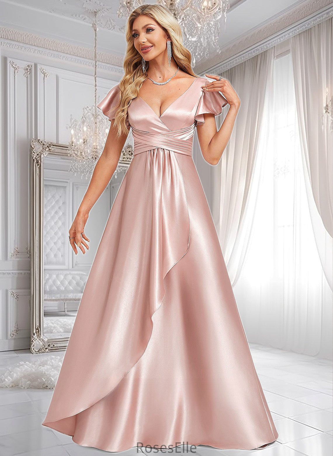 Jaden A-line V-Neck Floor-Length Stretch Satin Bridesmaid Dress With Ruffle HJP0025787