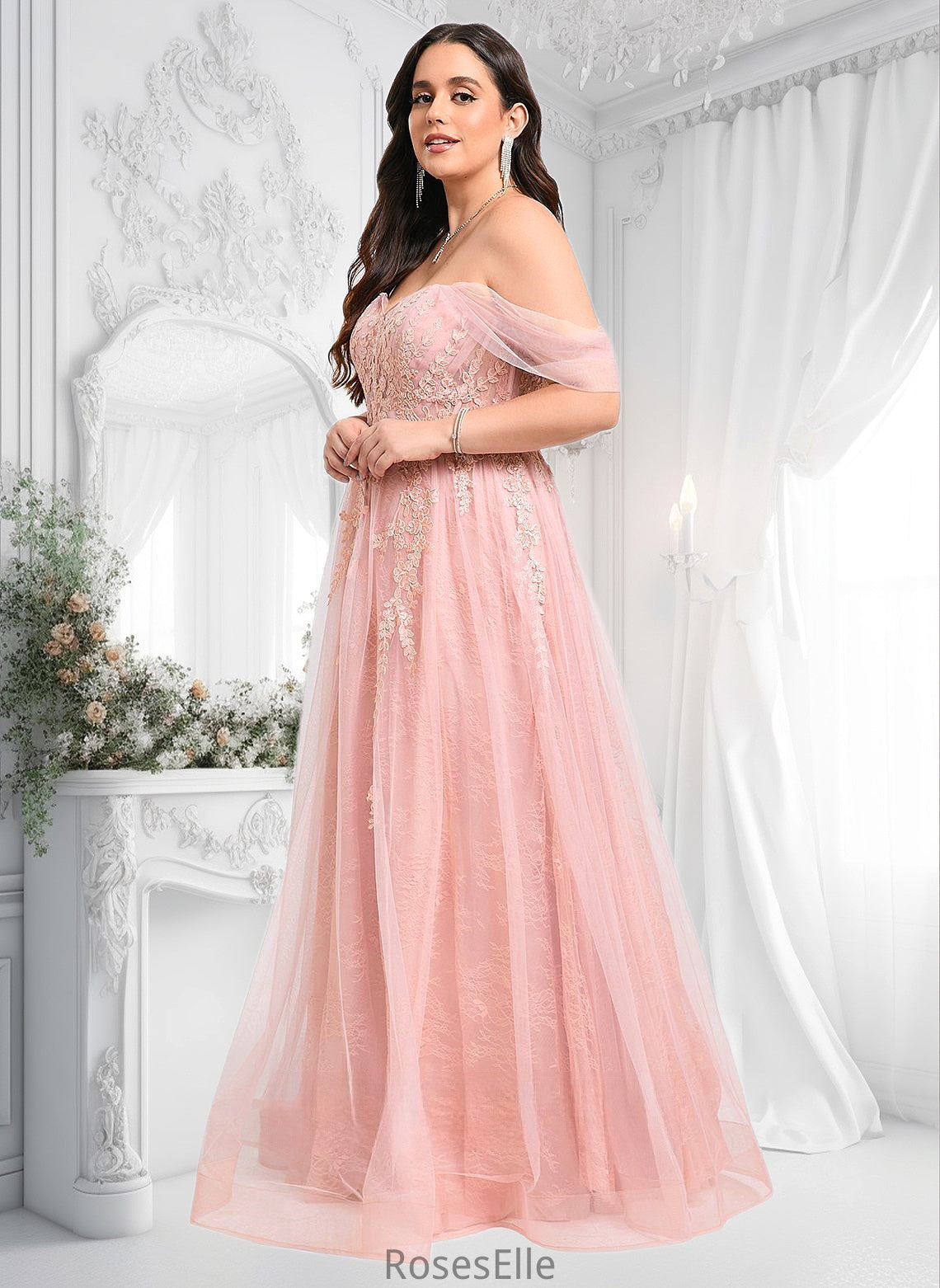 Bailee A-line Sweetheart Off the Shoulder Floor-Length Tulle Floral Lace Prom Dresses With Appliques Lace HJP0025870