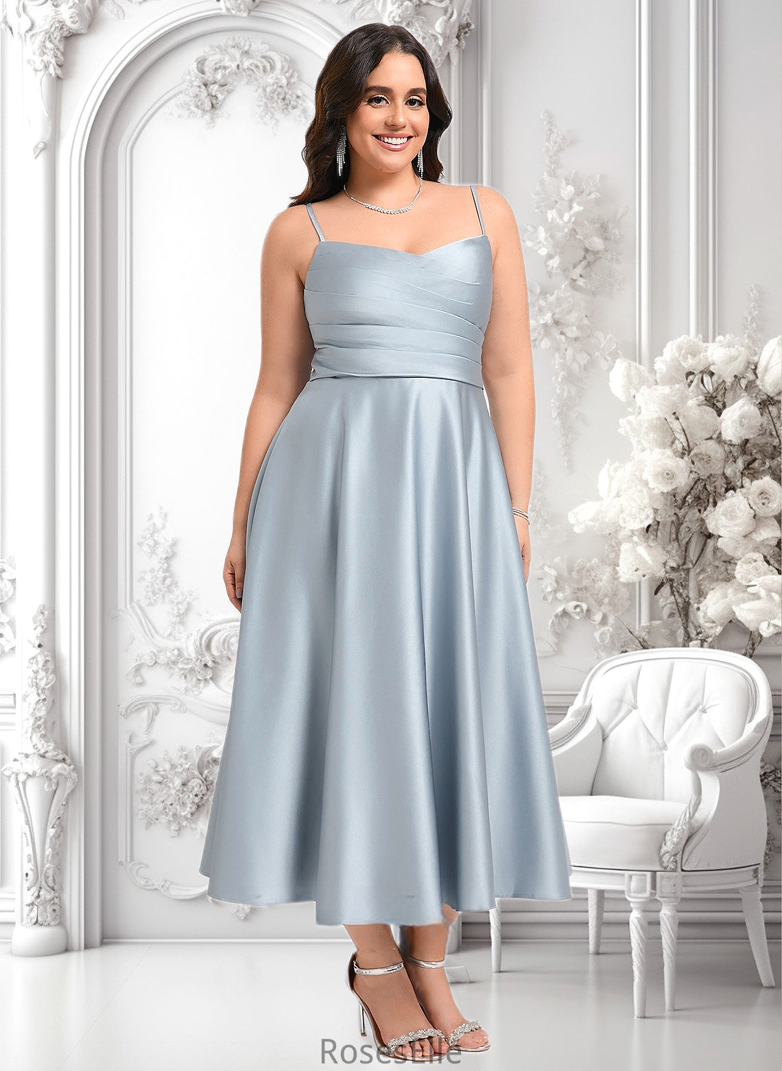 Averie A-line V-Neck Tea-Length Satin Bridesmaid Dress HJP0025794