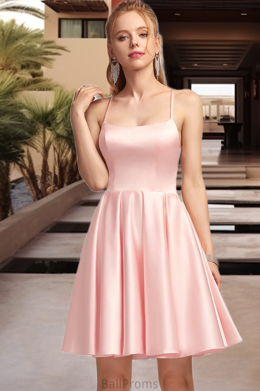 Jacey A-line Square Short/Mini Satin Homecoming Dress HJP0020544