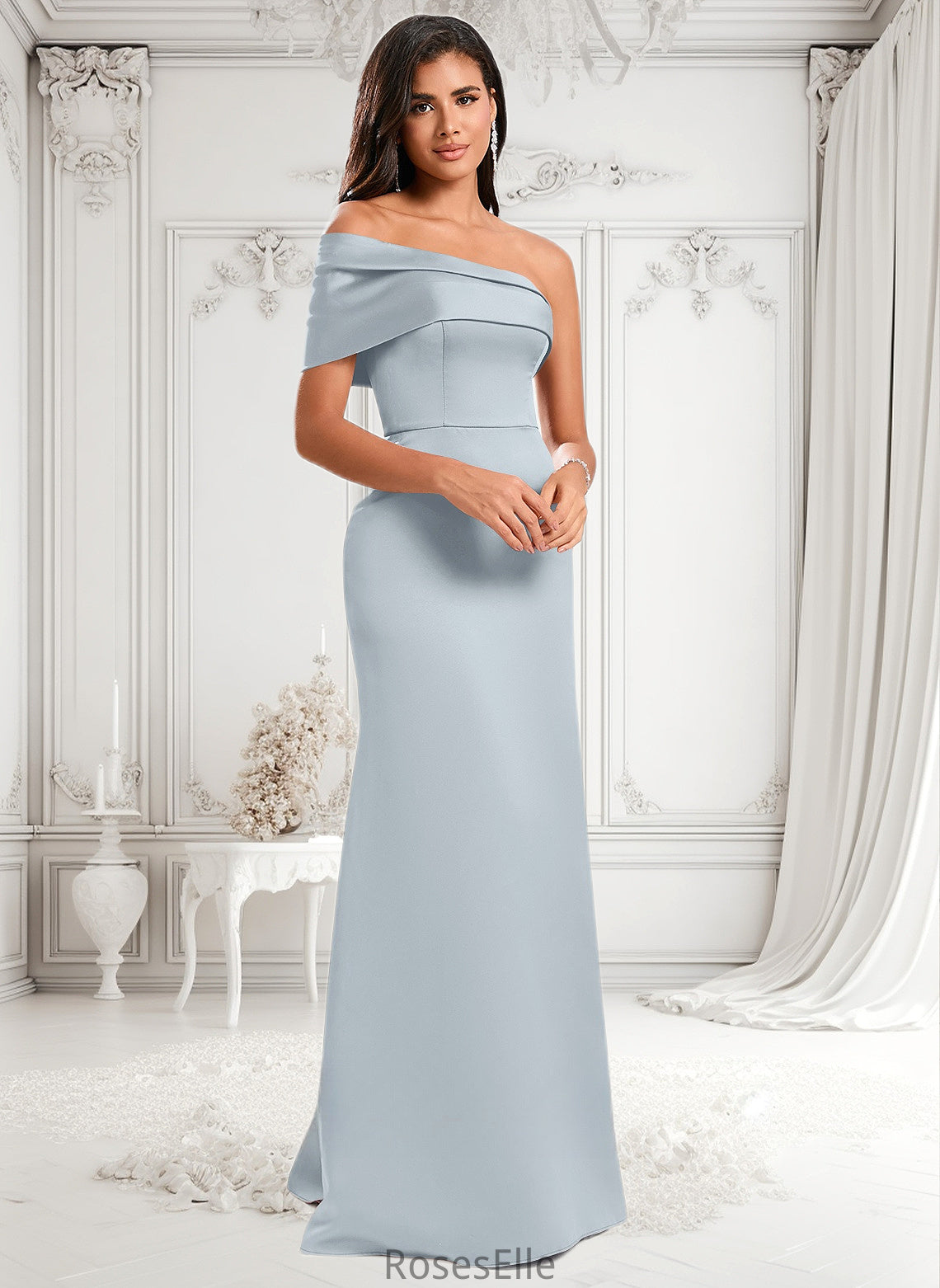 Kristin A-line Asymmetrical Off the Shoulder Floor-Length Satin Prom Dresses HJP0025884