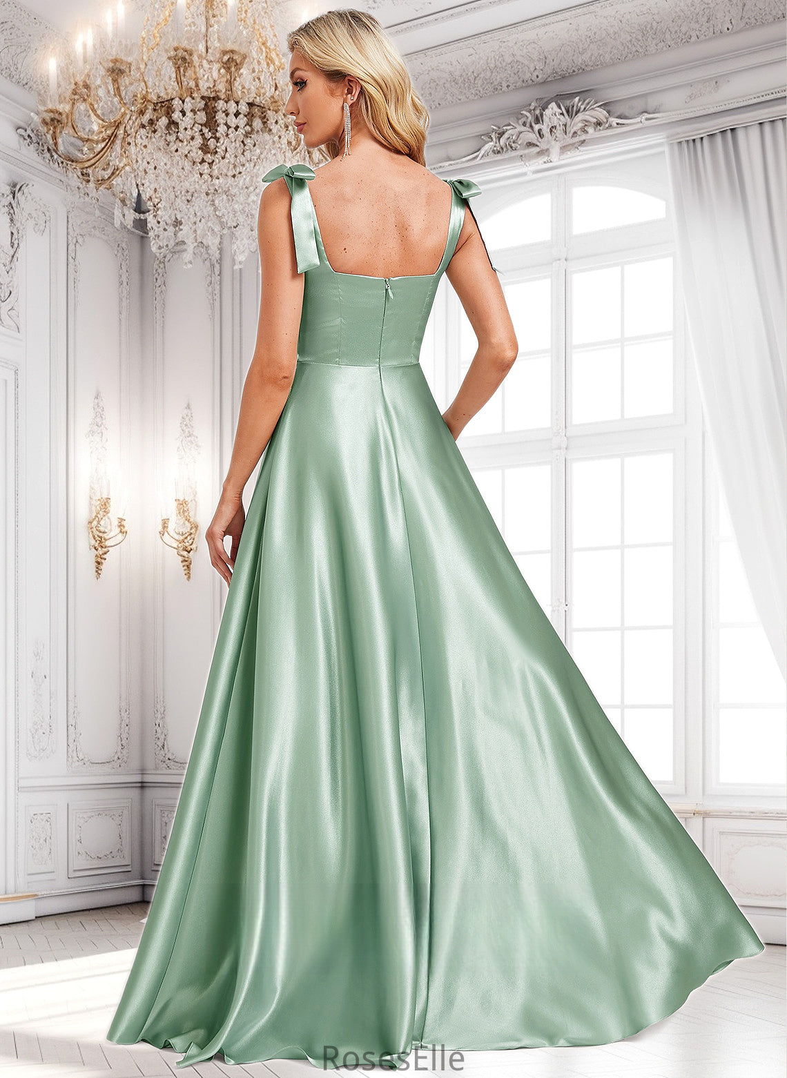 Rebecca A-line Square Floor-Length Stretch Satin Bridesmaid Dress With Bow HJP0025788