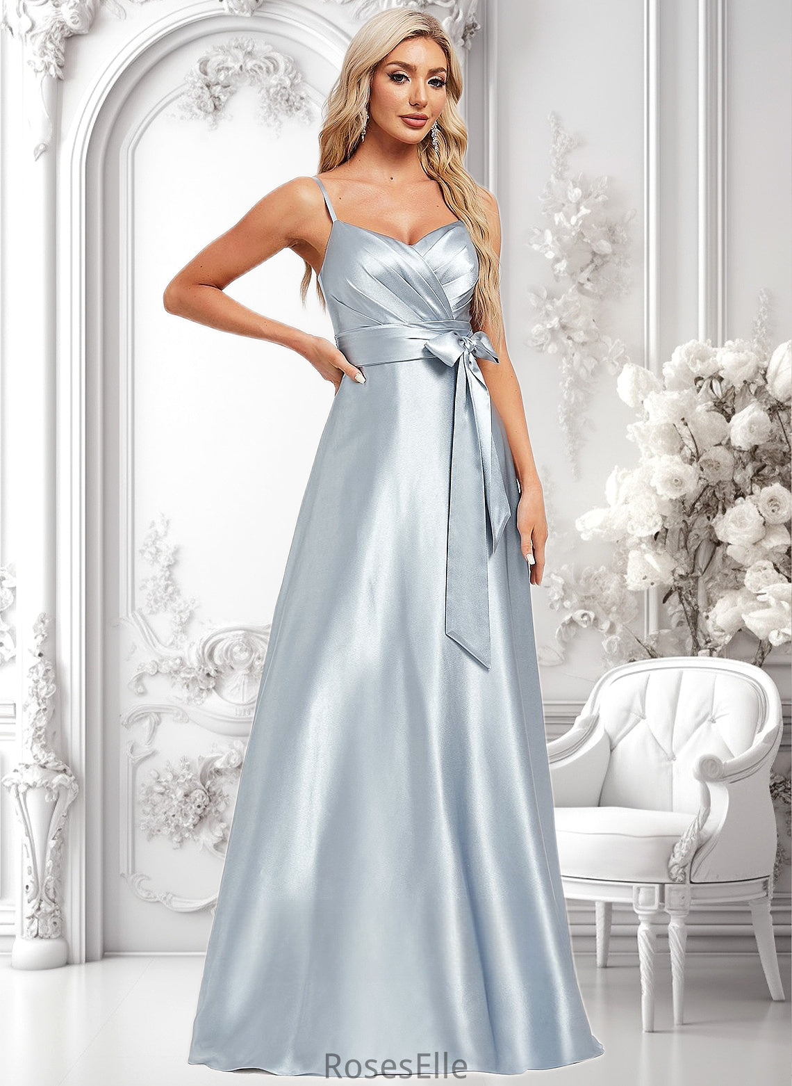 Vivien A-line V-Neck Floor-Length Stretch Satin Bridesmaid Dress HJP0025795