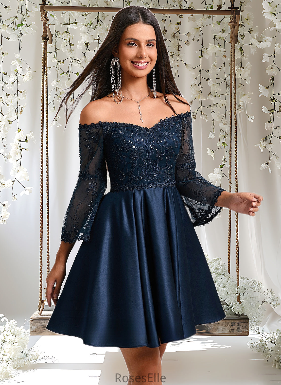 Ashleigh A-line Off the Shoulder Short Satin Homecoming Dress With Sequins HJP0025651