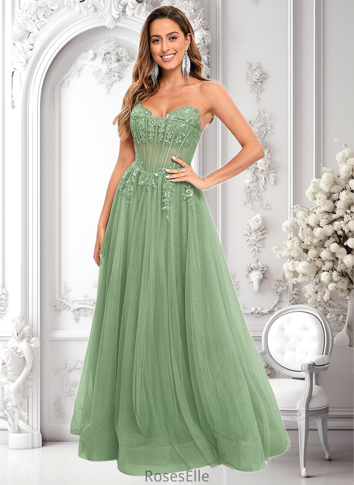 Mckenna Ball-Gown/Princess V-Neck Floor-Length Tulle Prom Dresses With Sequins Appliques Lace HJP0025837