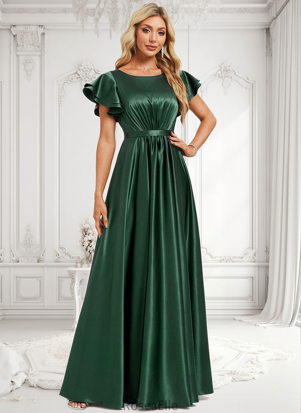 Julia A-line Scoop Floor-Length Stretch Satin Bridesmaid Dress With Ruffle HJP0025770