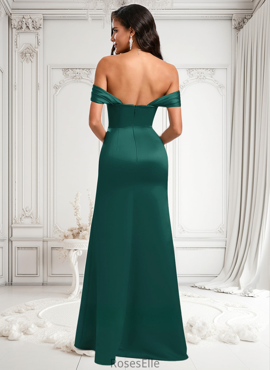 Suzanne Trumpet/Mermaid Off the Shoulder Square Floor-Length Satin Prom Dresses With Ruffle HJP0025883