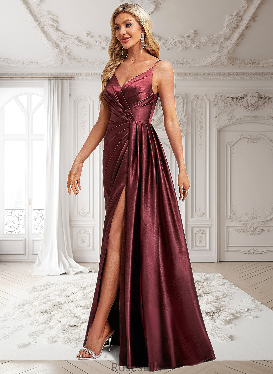 Kamila A-line V-Neck Floor-Length Stretch Satin Bridesmaid Dress With Ruffle HJP0025785