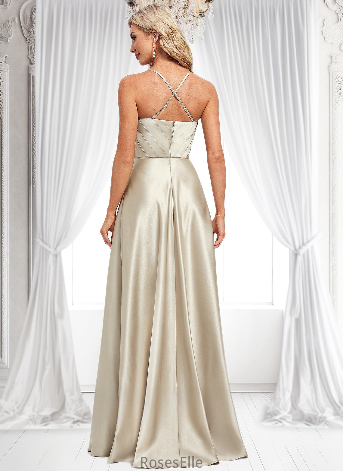 Brynn A-line Square Floor-Length Satin Bridesmaid Dress HJP0025789