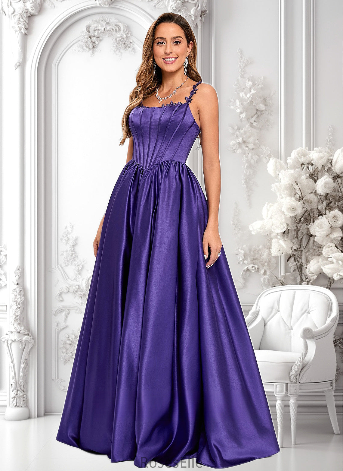 Lexi Ball-Gown/Princess Scoop Floor-Length Satin Prom Dresses With Appliques Lace Beading HJP0025865