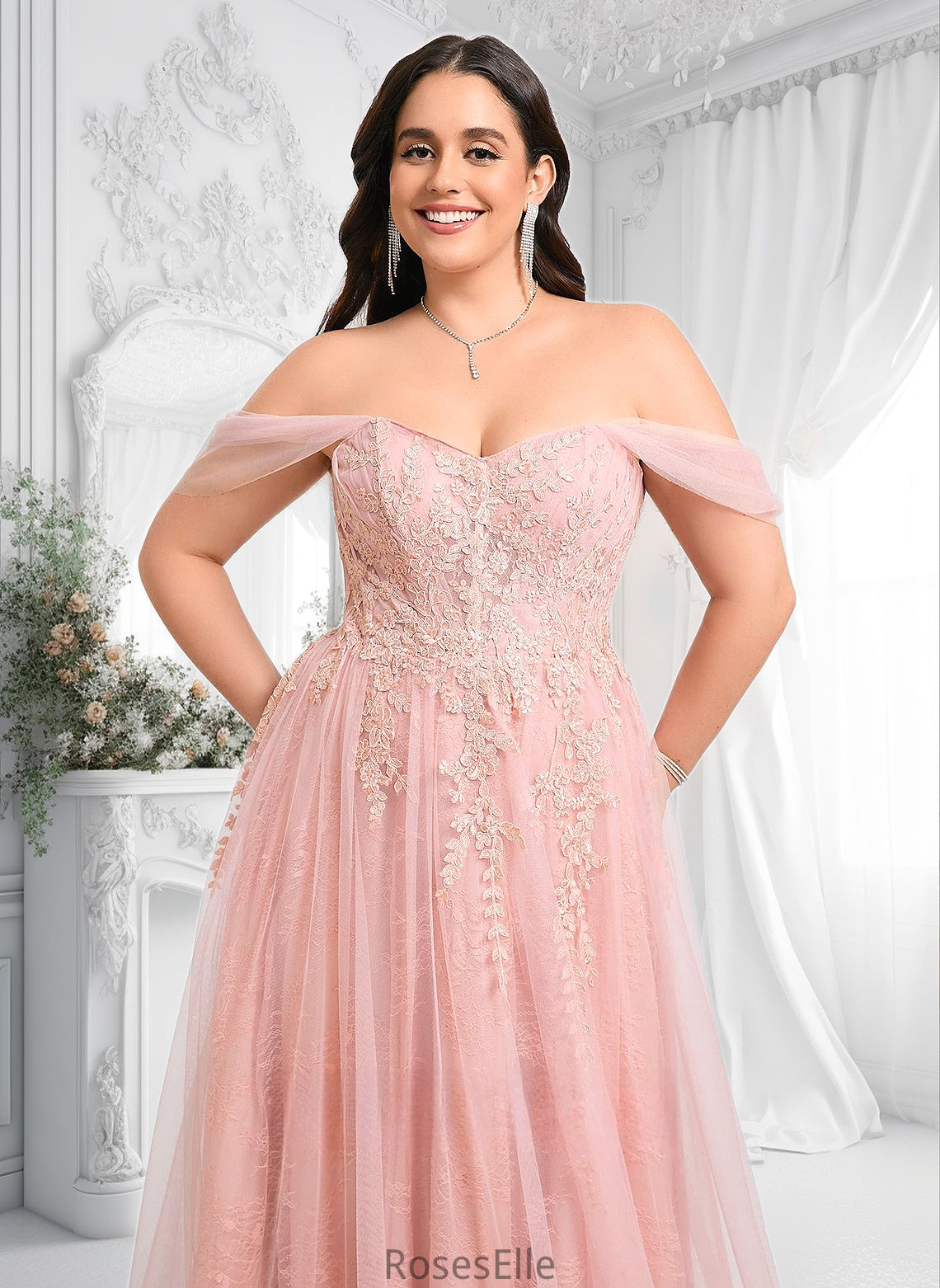 Bailee A-line Sweetheart Off the Shoulder Floor-Length Tulle Floral Lace Prom Dresses With Appliques Lace HJP0025870