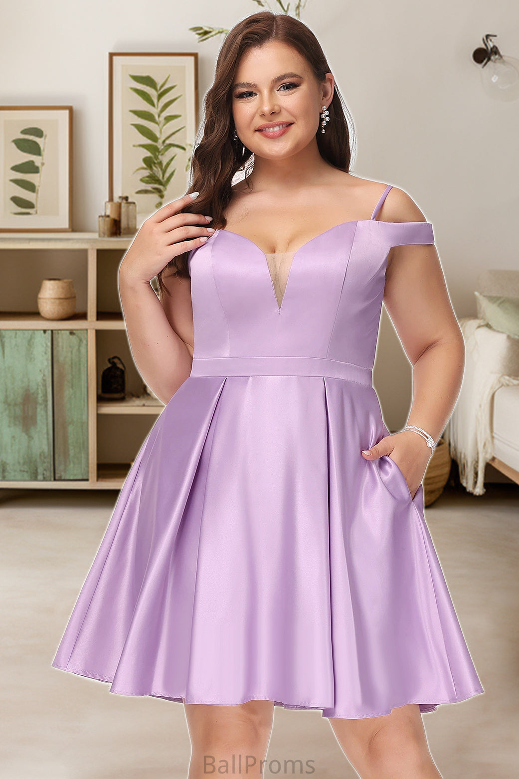 Melanie A-line Off the Shoulder Short/Mini Satin Homecoming Dress With Bow HJP0020568