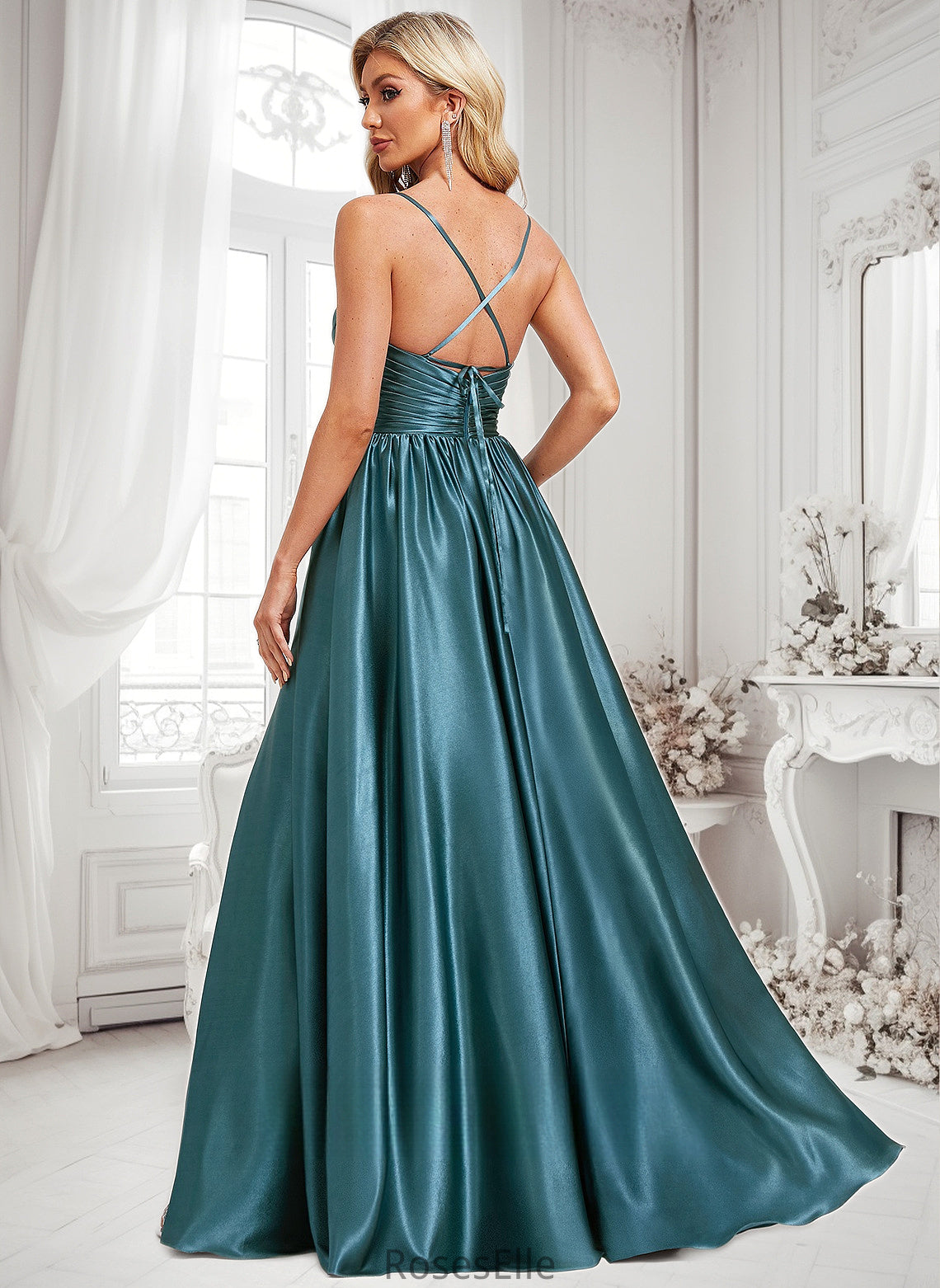 Lilian A-line V-Neck Floor-Length Stretch Satin Bridesmaid Dress HJP0025786