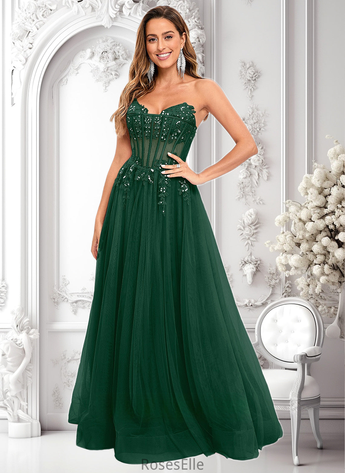 Mckenna Ball-Gown/Princess V-Neck Floor-Length Tulle Prom Dresses With Sequins Appliques Lace HJP0025837