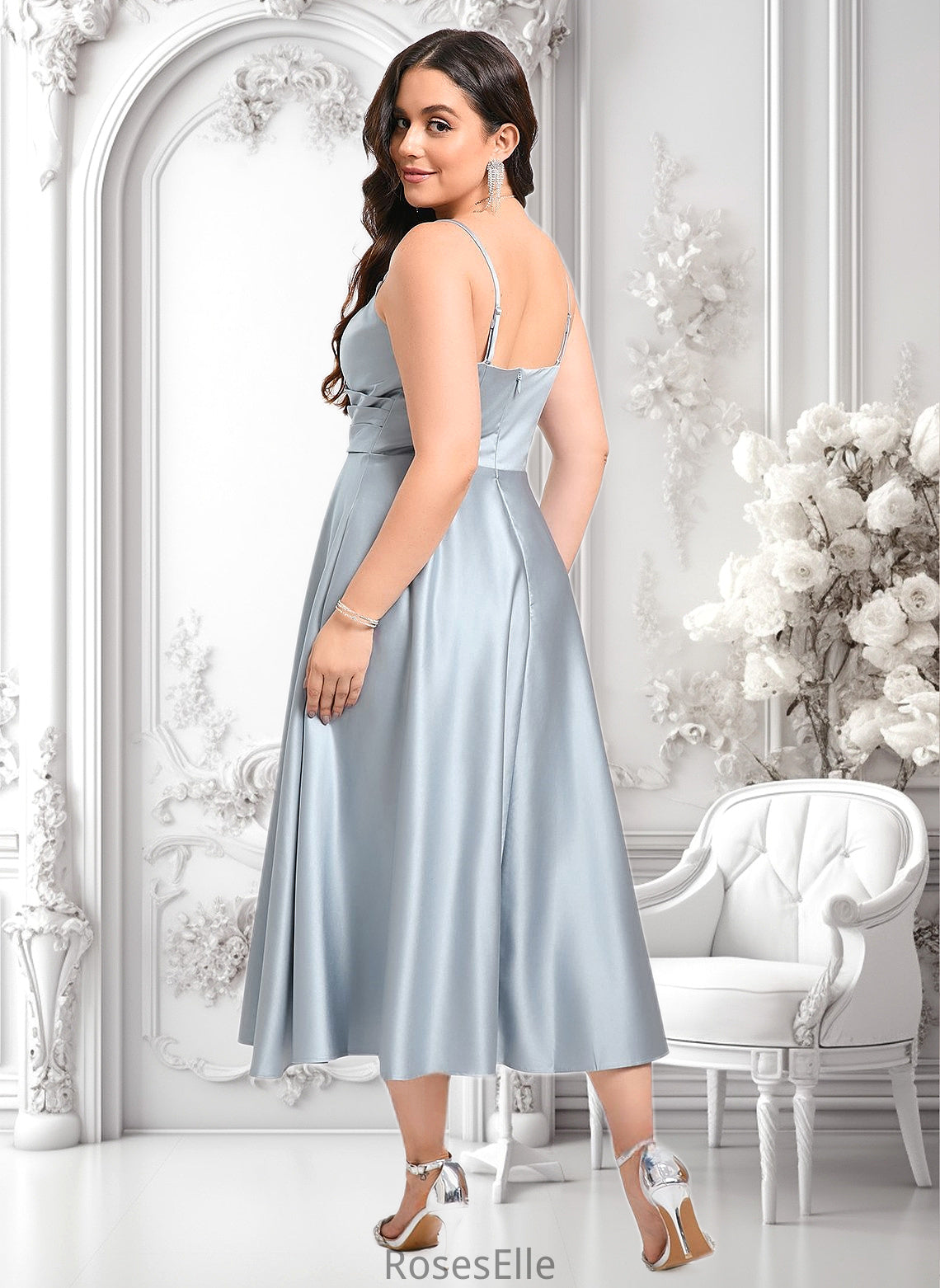 Averie A-line V-Neck Tea-Length Satin Bridesmaid Dress HJP0025794