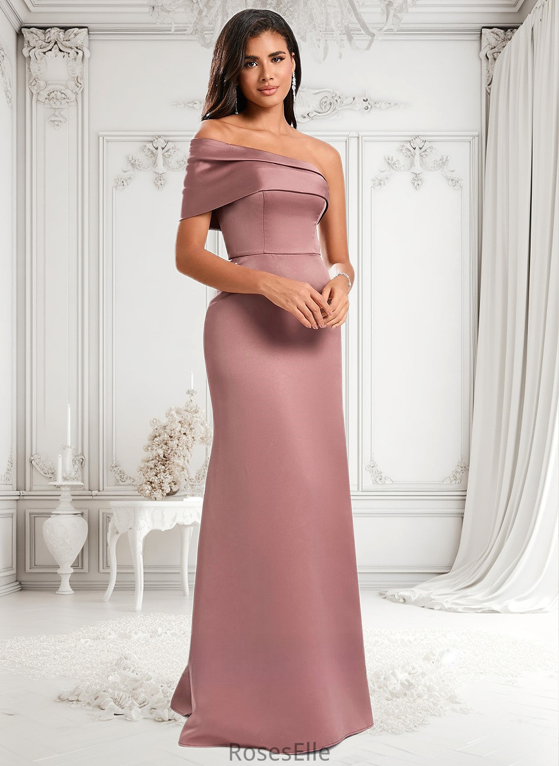 Kristin A-line Asymmetrical Off the Shoulder Floor-Length Satin Prom Dresses HJP0025884