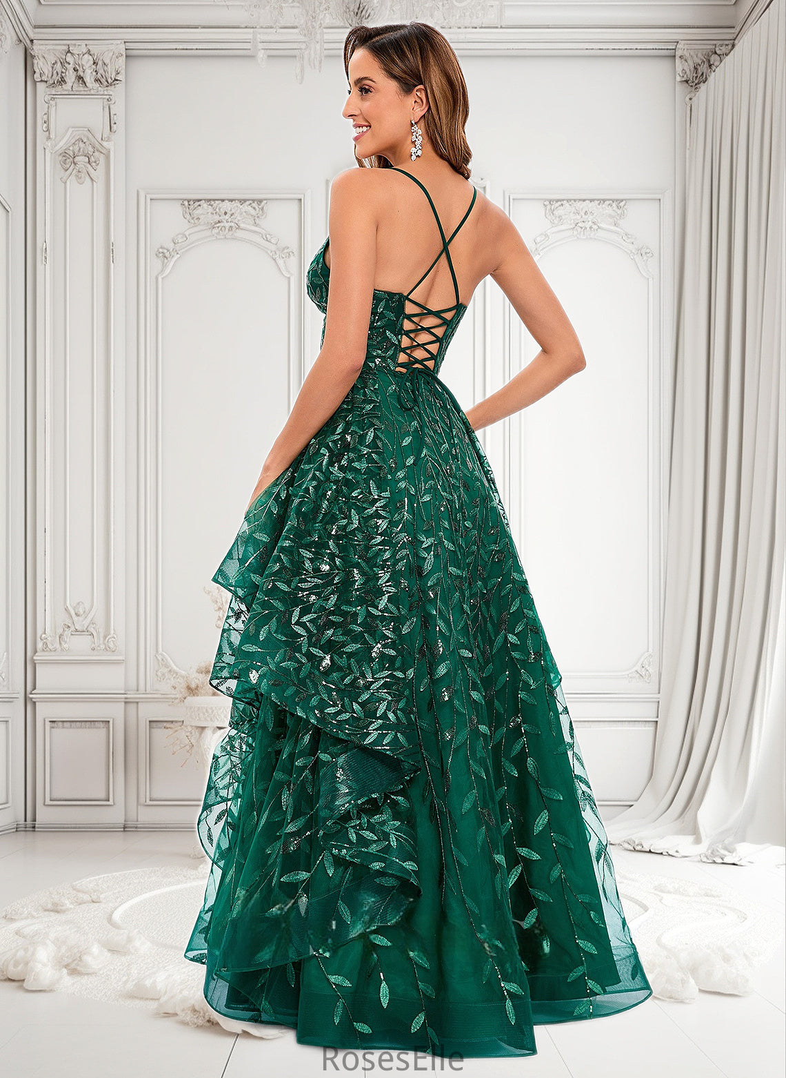 Mary Ball-Gown/Princess V-Neck Floor-Length Lace Floral Prom Dresses With Sequins HJP0025838