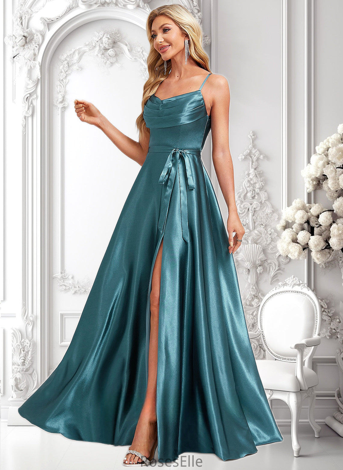 Madge A-line Cowl Floor-Length Stretch Satin Bridesmaid Dress With Ruffle HJP0025781