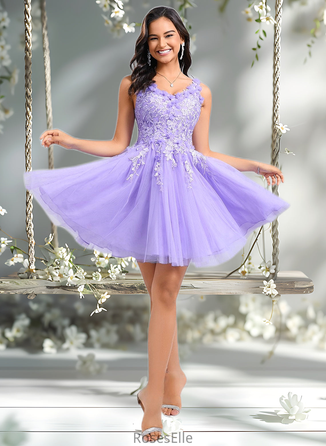 Payton Ball-Gown/Princess V-Neck Short Lace Tulle Homecoming Dress With Flower HJP0025656