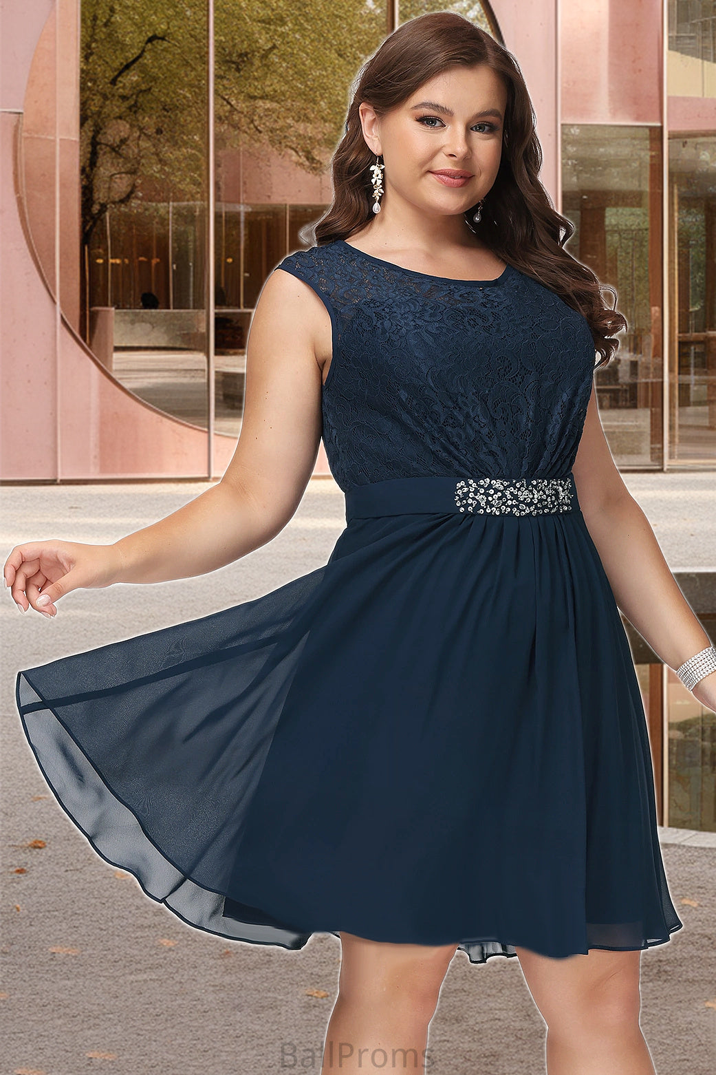 June A-line Scoop Knee-Length Chiffon Lace Homecoming Dress With Beading Bow HJP0020588