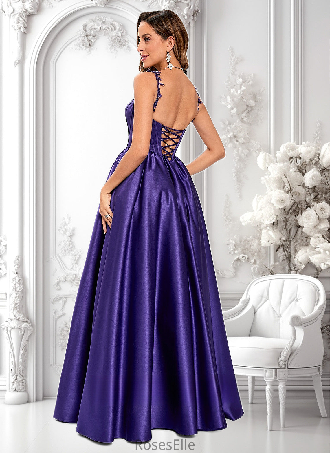 Lexi Ball-Gown/Princess Scoop Floor-Length Satin Prom Dresses With Appliques Lace Beading HJP0025865