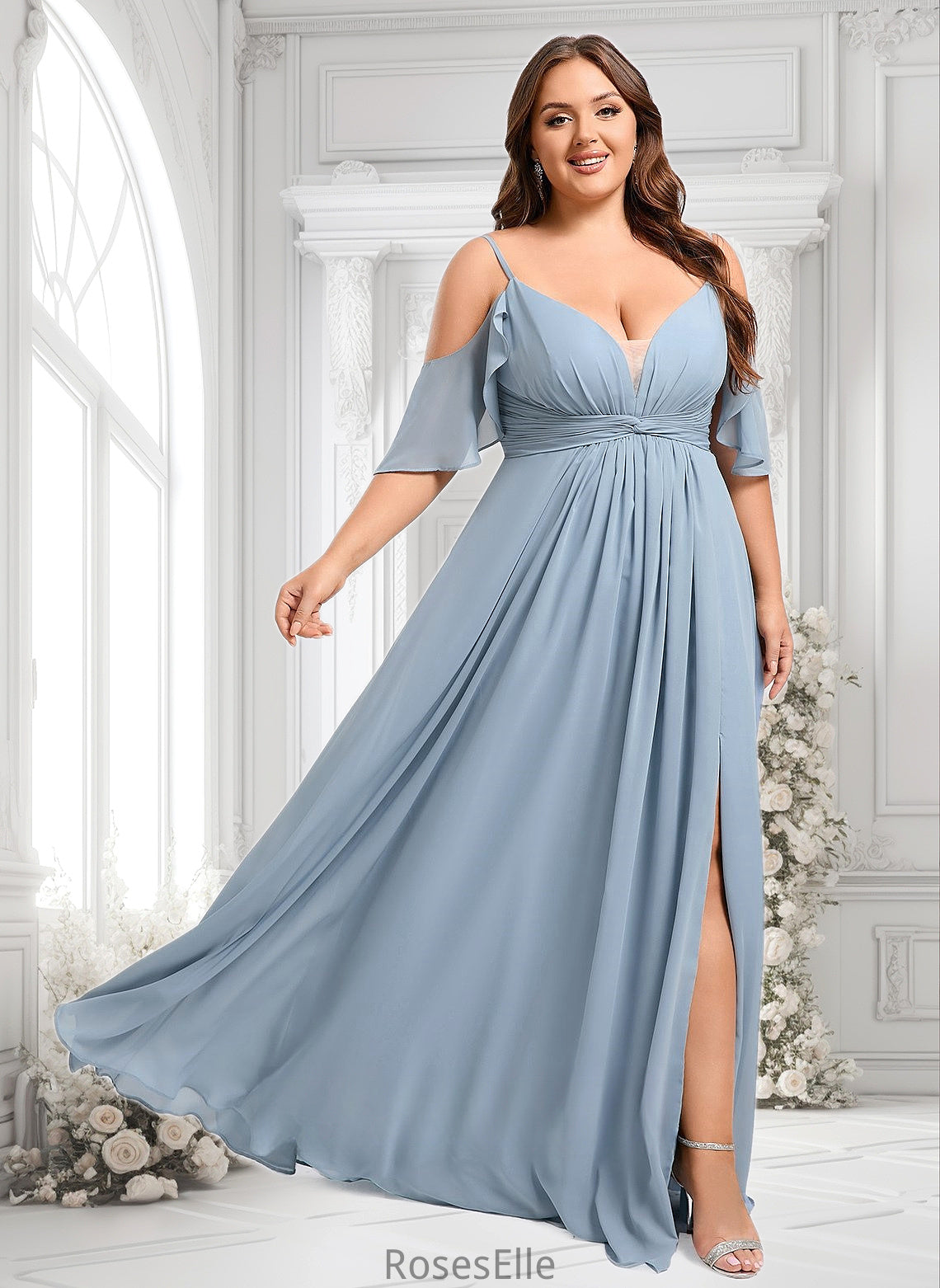 Aylin A-line Cold Shoulder Floor-Length Chiffon Bridesmaid Dress With Ruffle HJP0025797