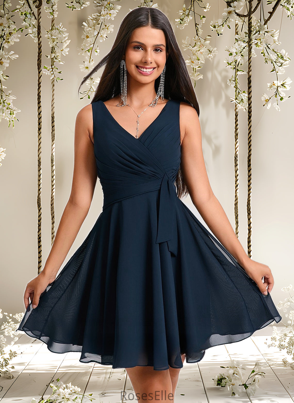 Mabel A-line V-Neck Short Chiffon Homecoming Dress With Pleated HJP0025644