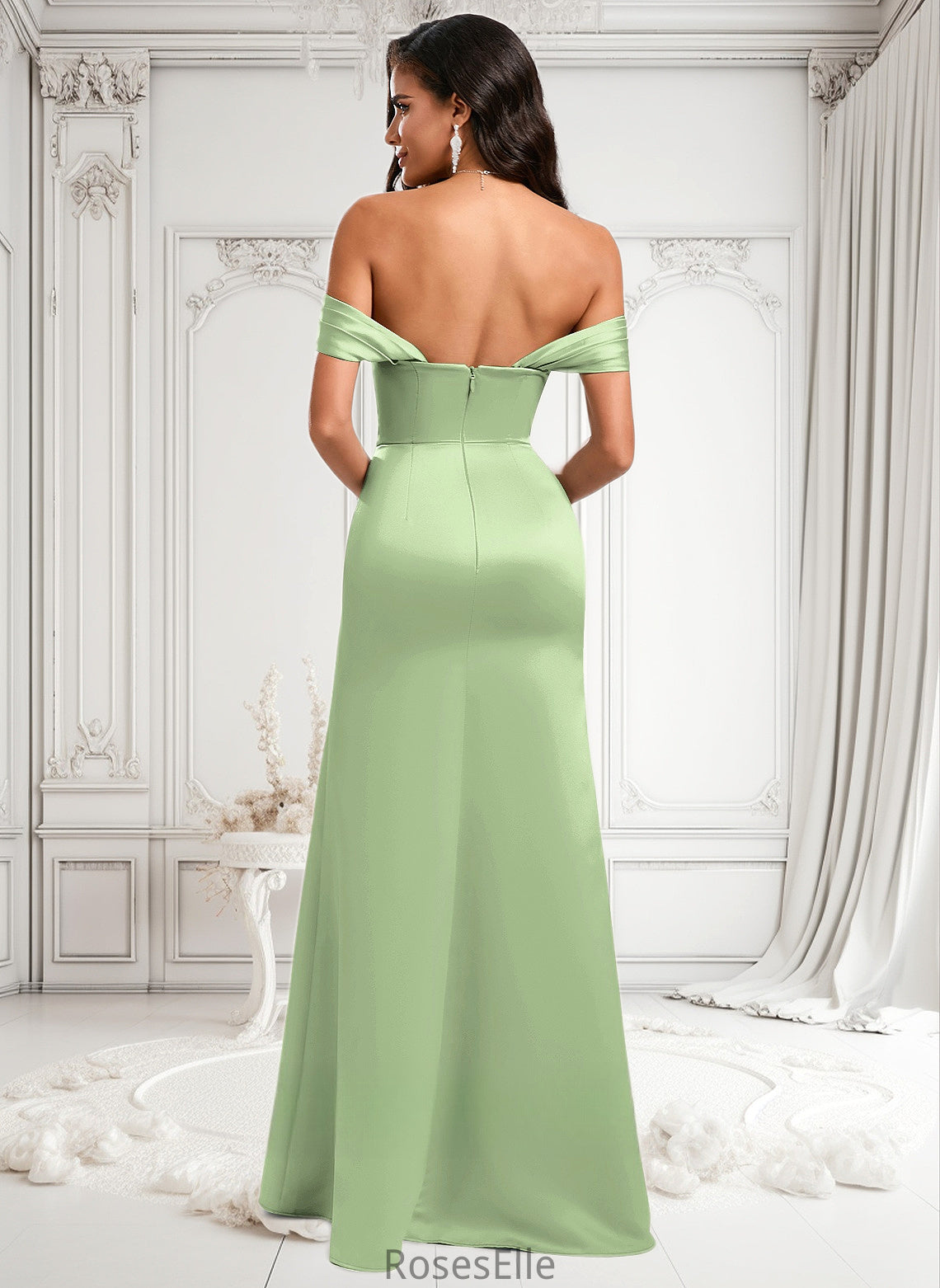 Suzanne Trumpet/Mermaid Off the Shoulder Square Floor-Length Satin Prom Dresses With Ruffle HJP0025883