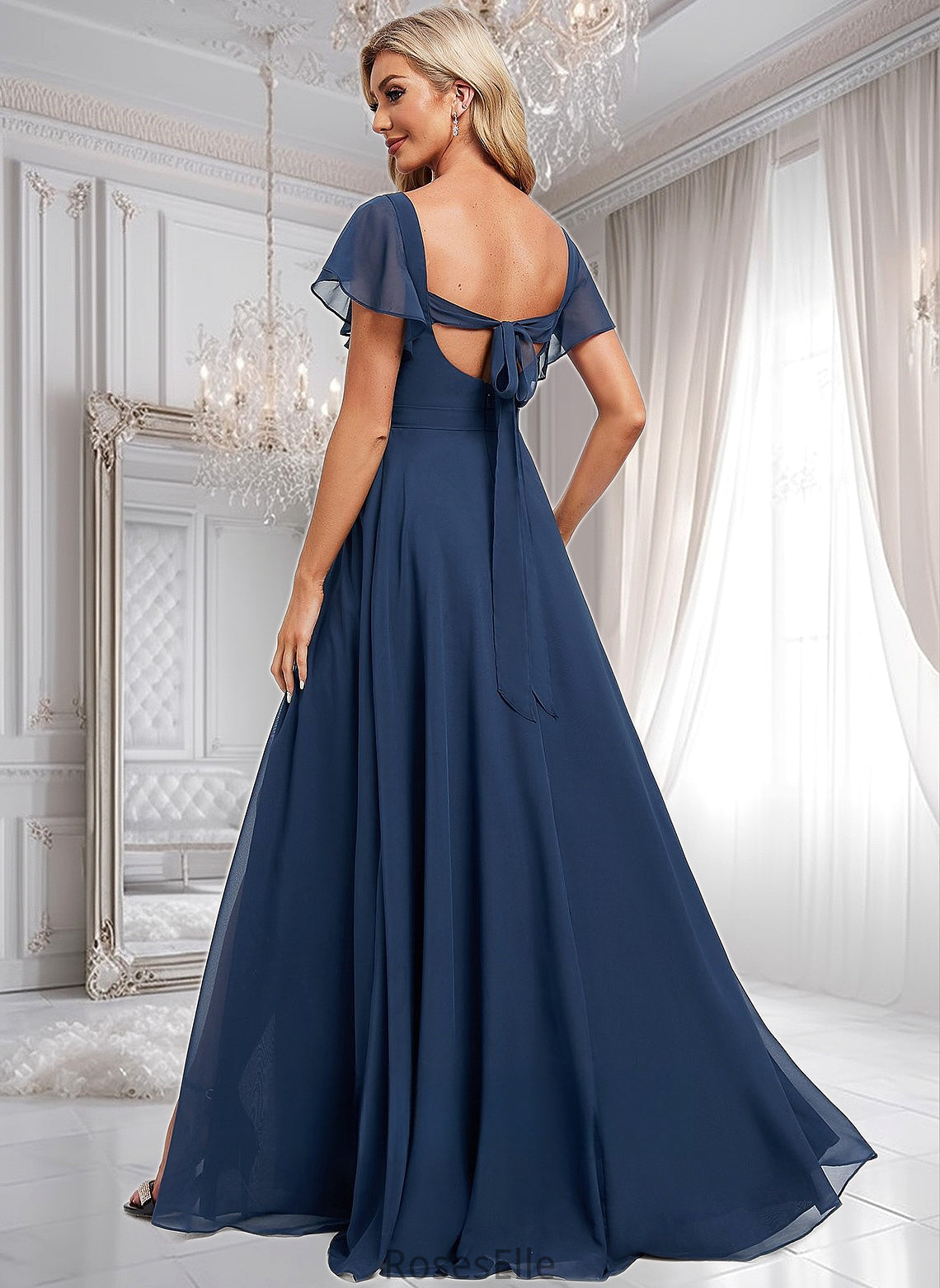 Nicky A-line V-Neck Floor-Length Chiffon Bridesmaid Dress With Ruffle HJP0025802