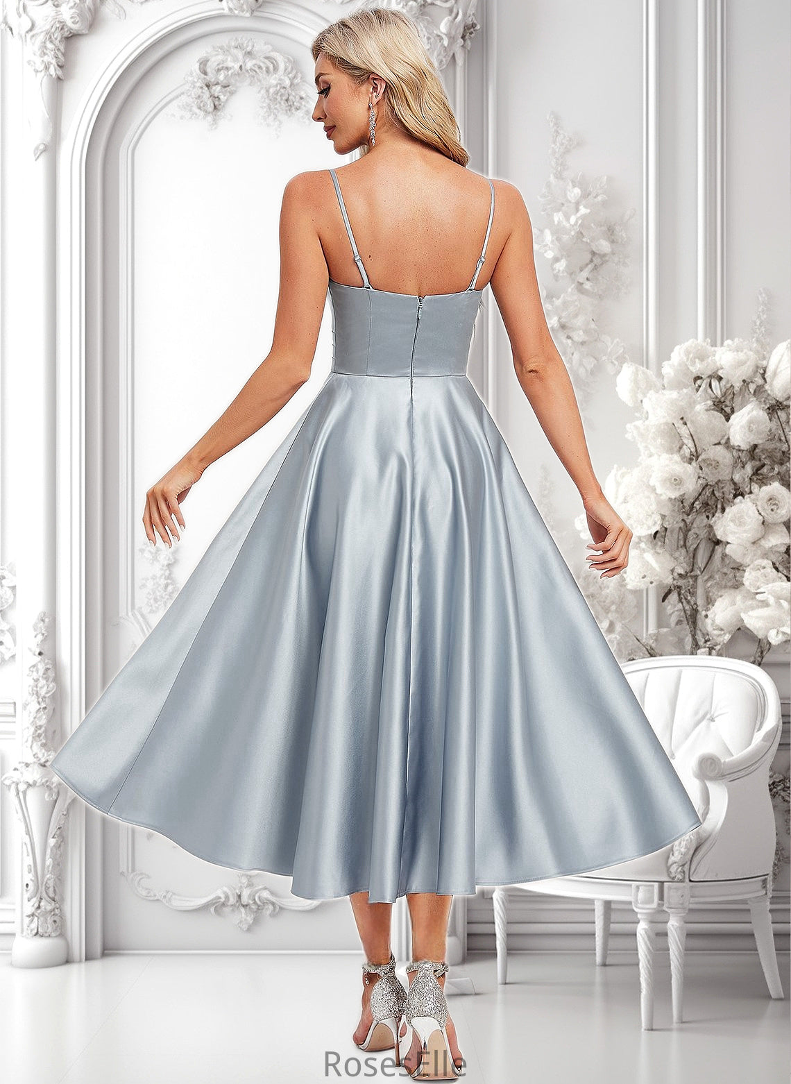 Averie A-line V-Neck Tea-Length Satin Bridesmaid Dress HJP0025794