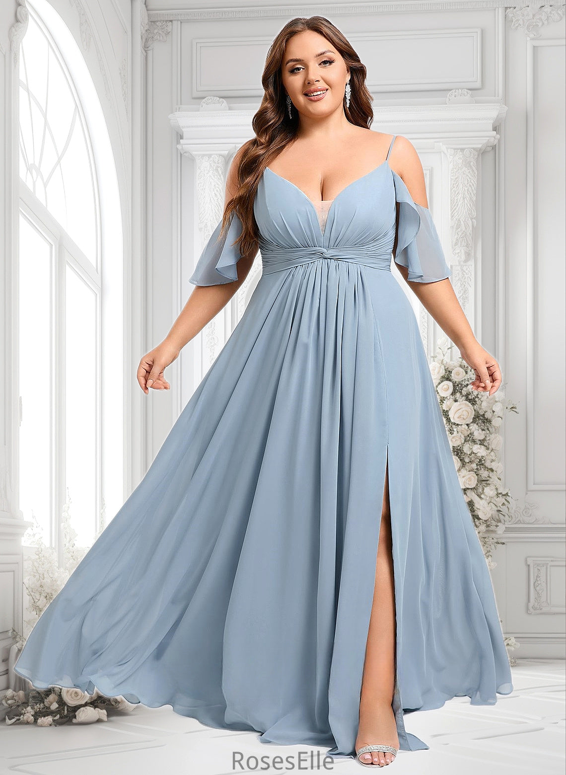 Aylin A-line Cold Shoulder Floor-Length Chiffon Bridesmaid Dress With Ruffle HJP0025797