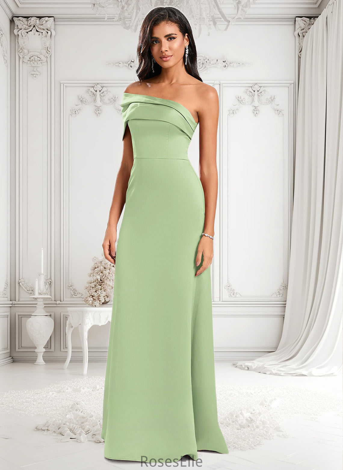 Kristin A-line Asymmetrical Off the Shoulder Floor-Length Satin Prom Dresses HJP0025884