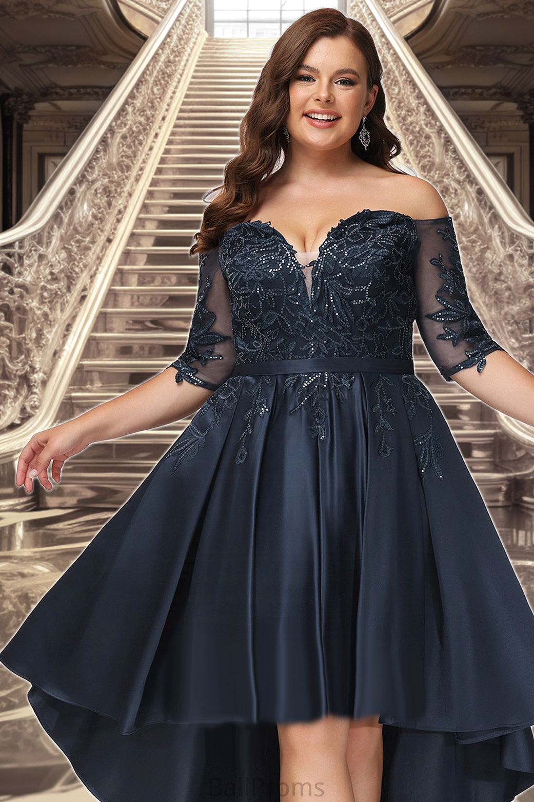 Aiyana A-line Off the Shoulder Asymmetrical Lace Satin Homecoming Dress With Sequins HJP0020580