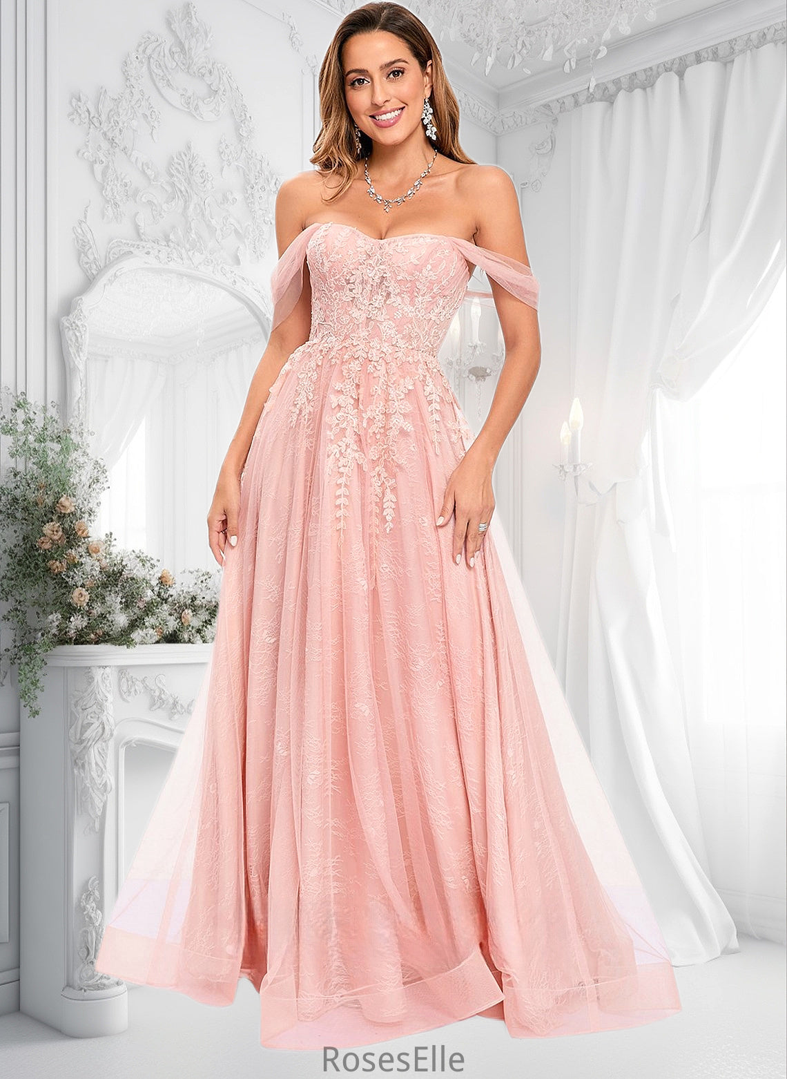 Bailee A-line Sweetheart Off the Shoulder Floor-Length Tulle Floral Lace Prom Dresses With Appliques Lace HJP0025870