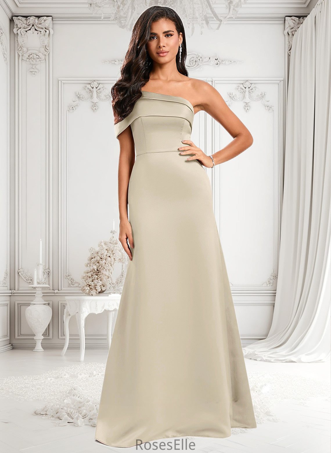 Kristin A-line Asymmetrical Off the Shoulder Floor-Length Satin Prom Dresses HJP0025884